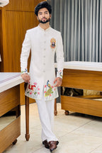 Divine Balaji Motif Handcrafted White Indowestern Set