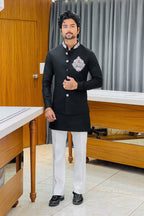 Black Linen Kurta Jacket Set with Elephant Metal Emblem