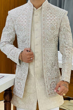Sand Beige Three Piece Jodhpuri Set with Embroidered Floral Motifs