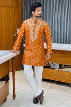 Orange Tissue Embroidered Kurta Pajama