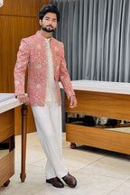 Coral Orange Crush Tissue Three Piece Jodhpuri Set