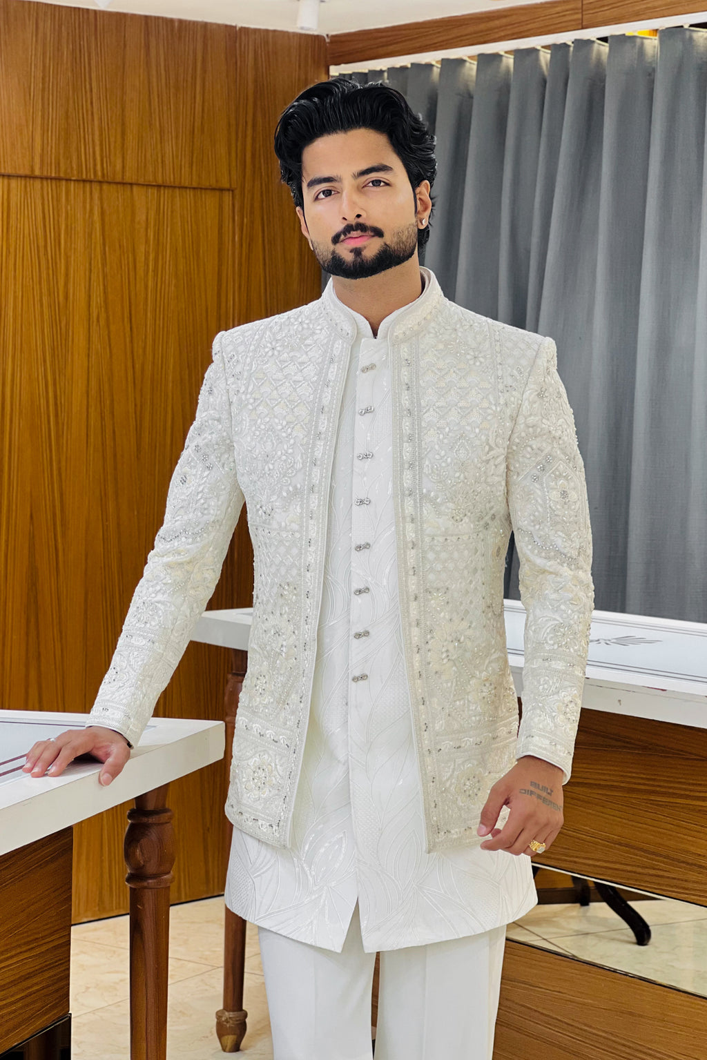 Silver White Three Piece Jodhpuri Set with Embroidered Floral Motifs