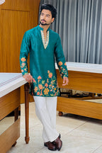 Teal Satin Silk Mirror Work Kurta Set
