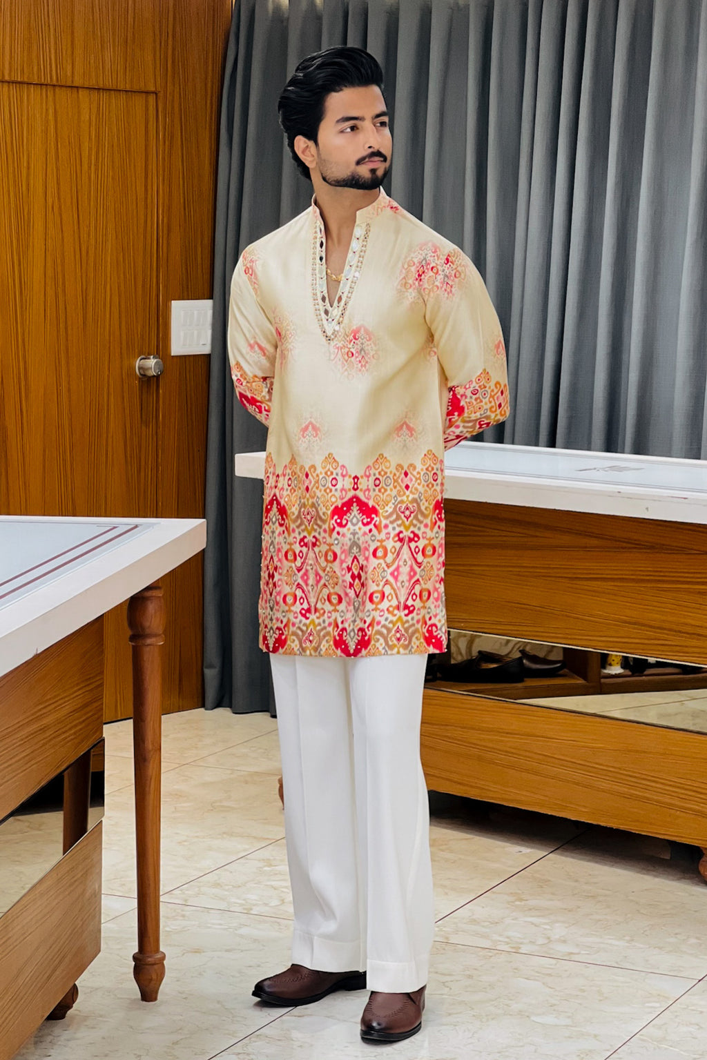Ivory Satin Silk Mirror Work Kurta Set
