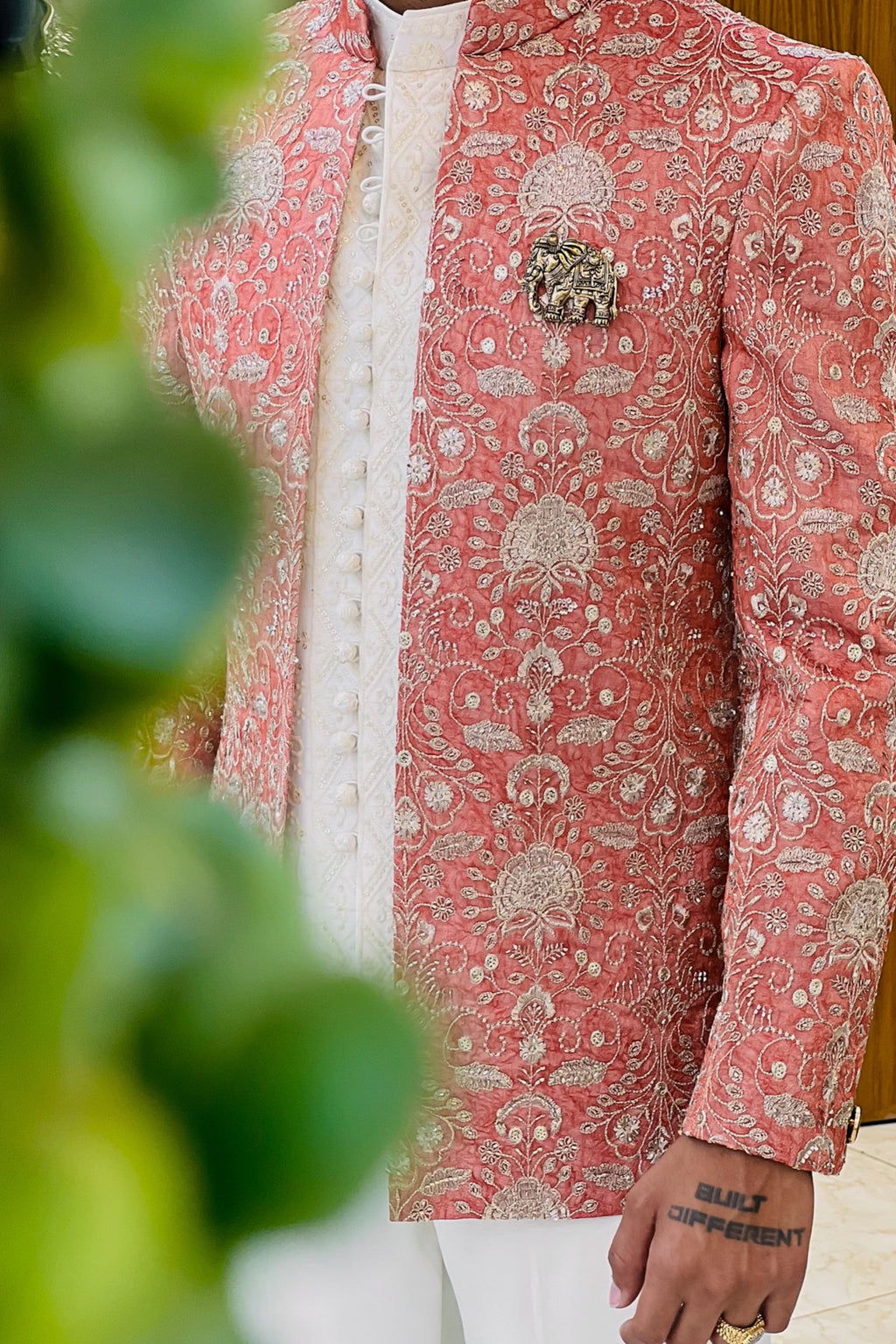 Coral Orange Crush Tissue Three Piece Jodhpuri Set