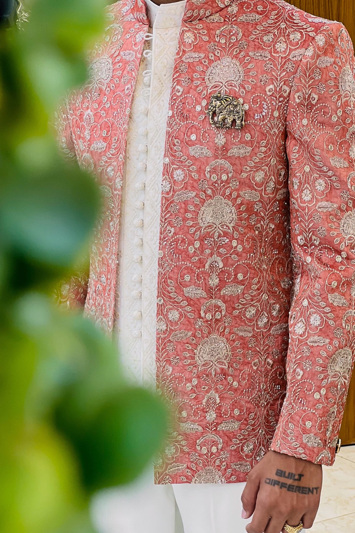 Coral Orange Crush Tissue Three Piece Jodhpuri Set