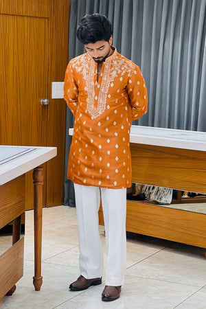 Orange Tissue Embroidered Kurta Pajama