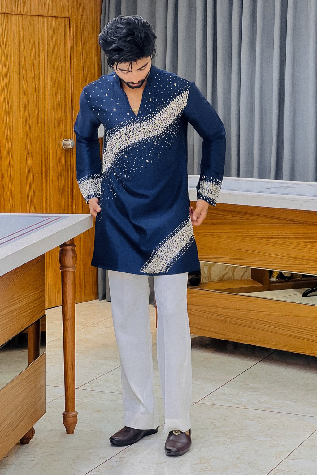 Nevy Blue Royal Sequin V-Neck Kurta Pajama