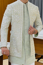 Pista Three Piece Jodhpuri Set with Embroidered Floral Motifs
