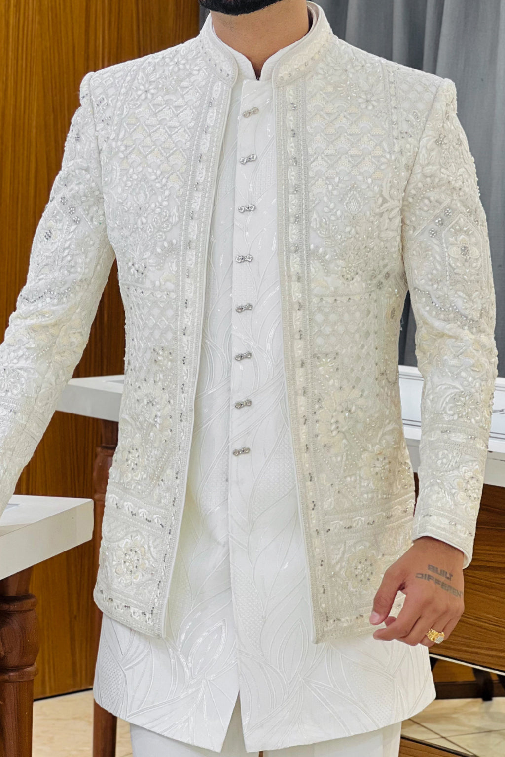 Silver White Three Piece Jodhpuri Set with Embroidered Floral Motifs