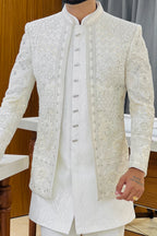 Silver White Three Piece Jodhpuri Set with Embroidered Floral Motifs