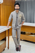 Grey Linen Shirt Jacket Set with Leopard Metal Emblem