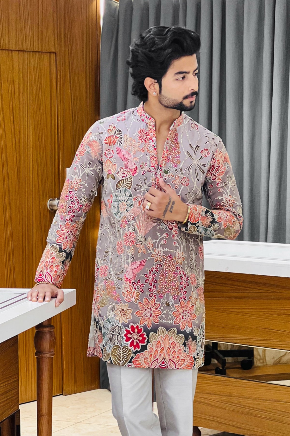 Grey Floral Bloom Sequin Kurta Pajama
