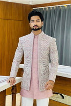 Pink Three Piece Jodhpuri Set with Embroidered Floral Motifs