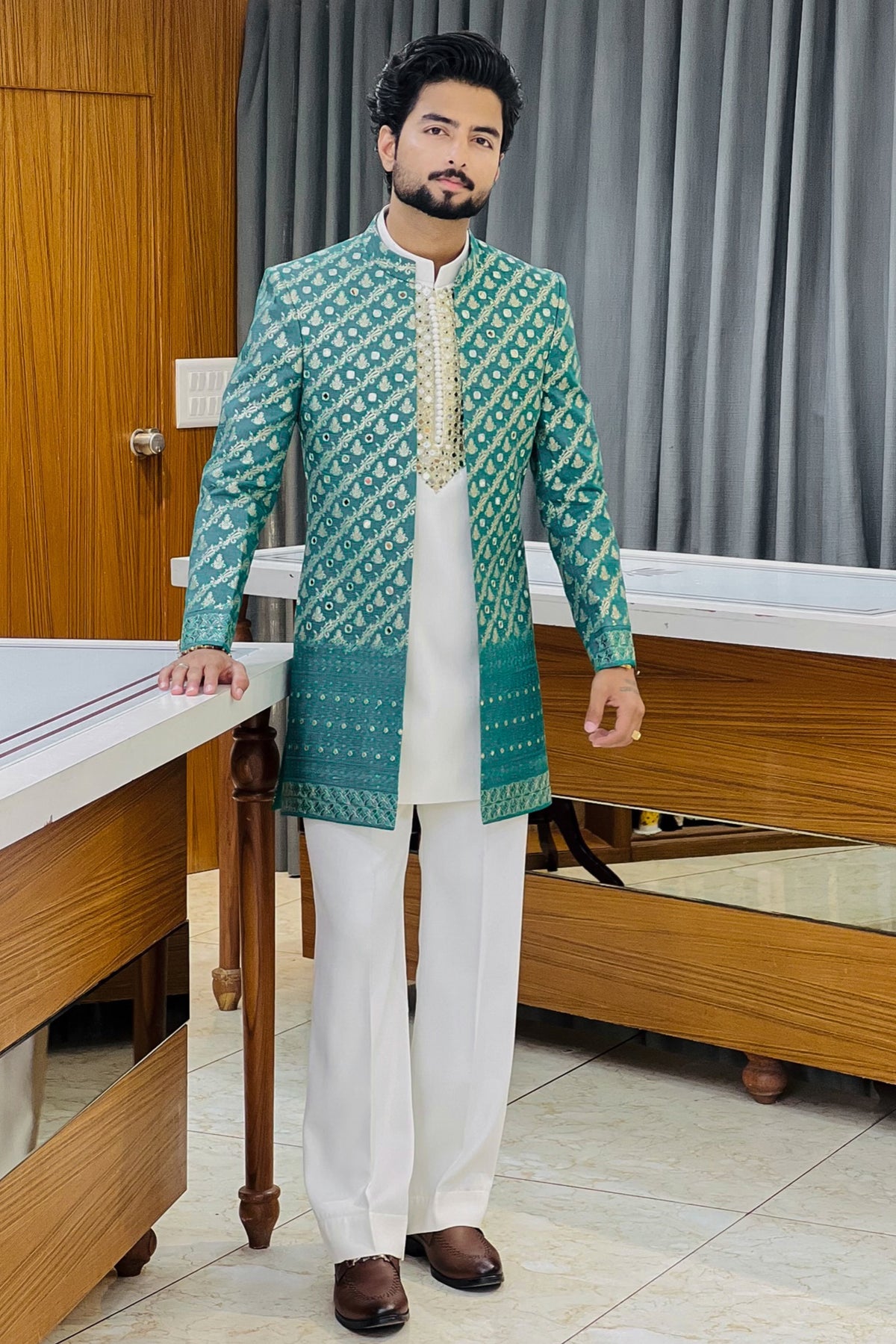Rama Green Heritage Three Piece Indowestern Set