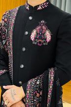 Black Peacock Handwork Indowestern with Embroidered Shawl
