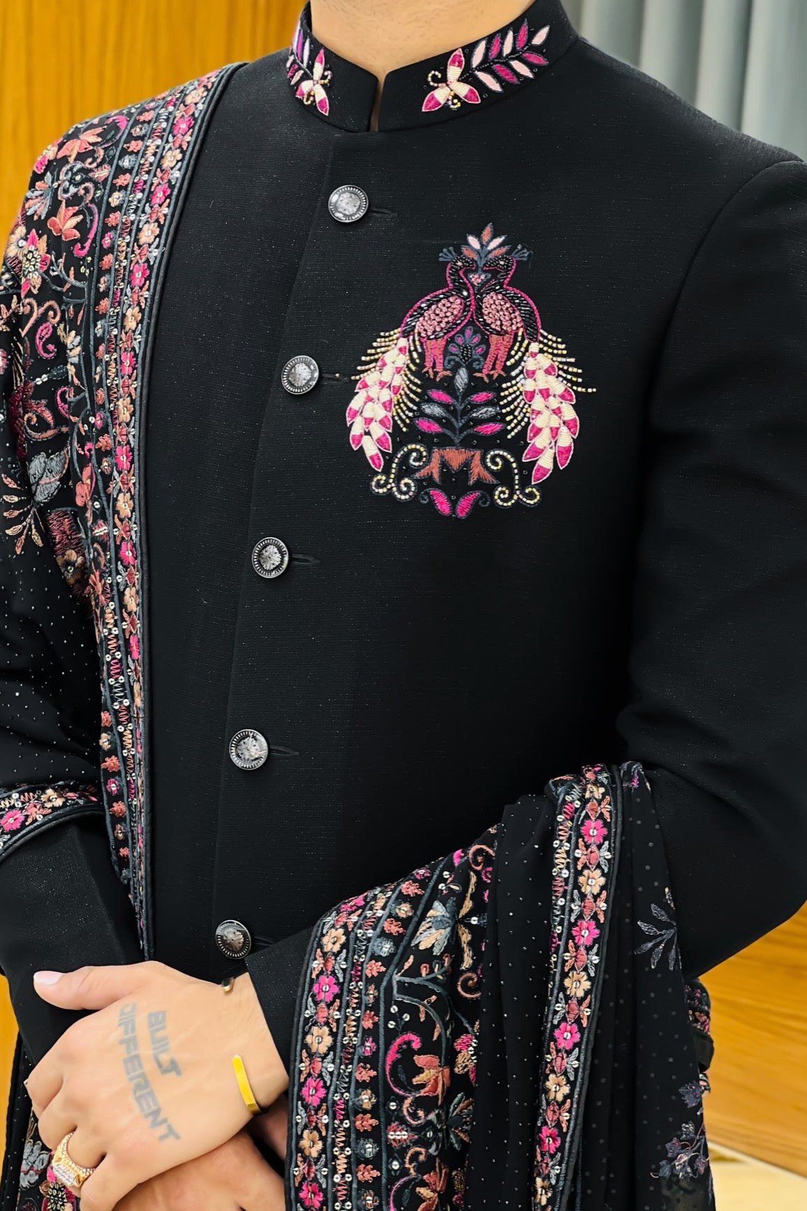Black Peacock Handwork Indowestern with Embroidered Shawl