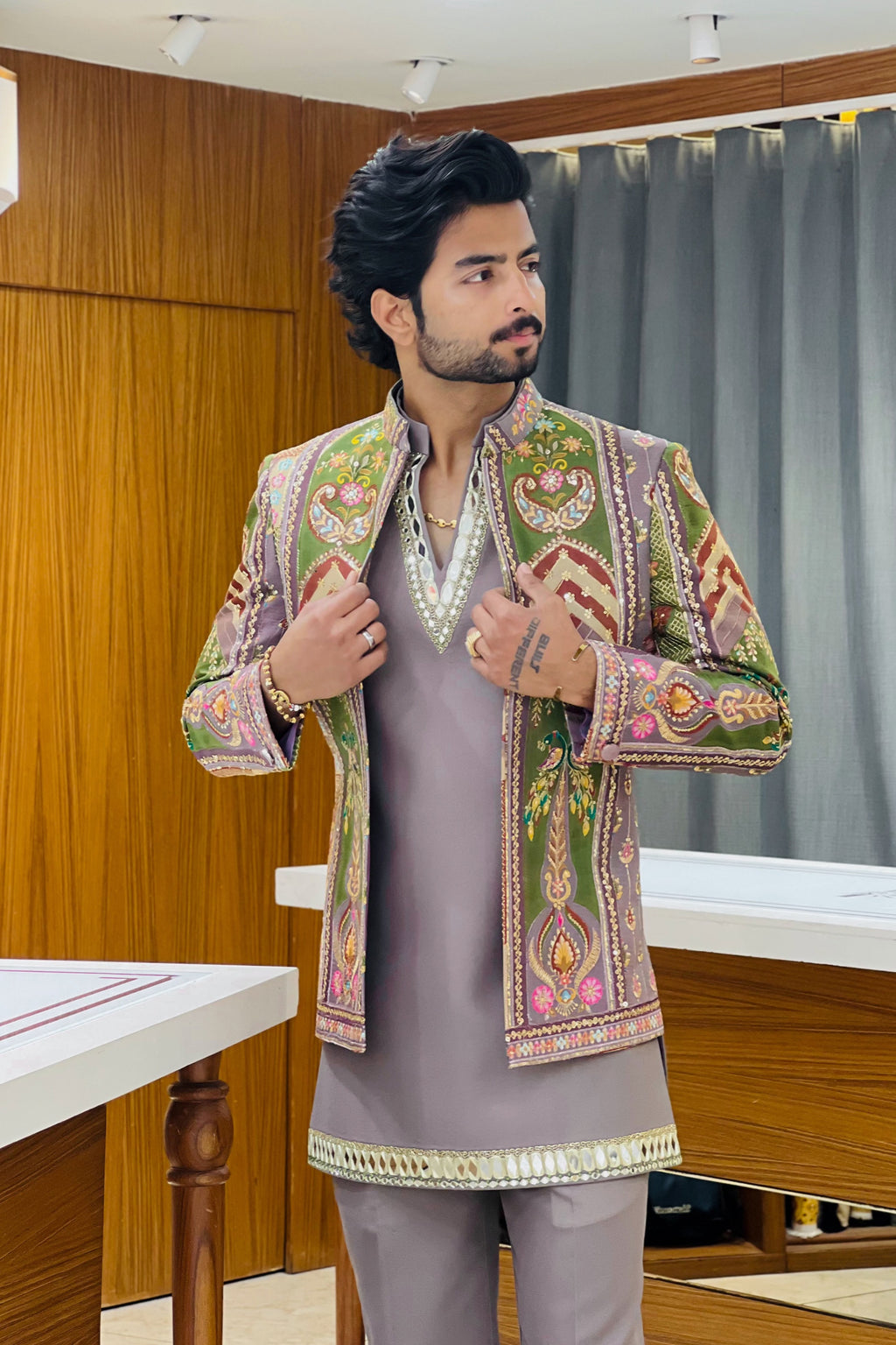 Dusty Mauve Mirror Work Three Piece Jodhpuri