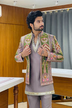 Dusty Mauve Mirror Work Three Piece Jodhpuri