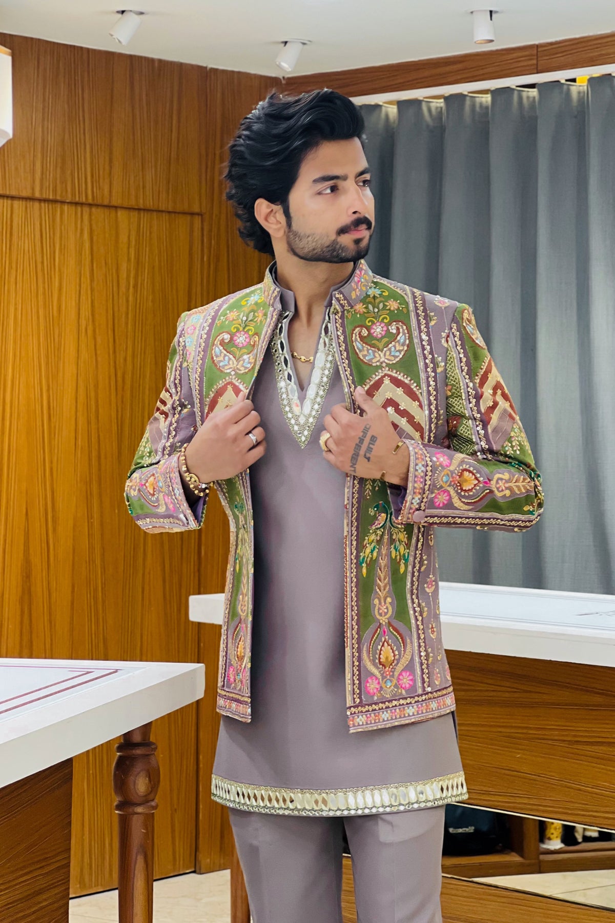 Dusty Mauve Mirror Work Three Piece Jodhpuri