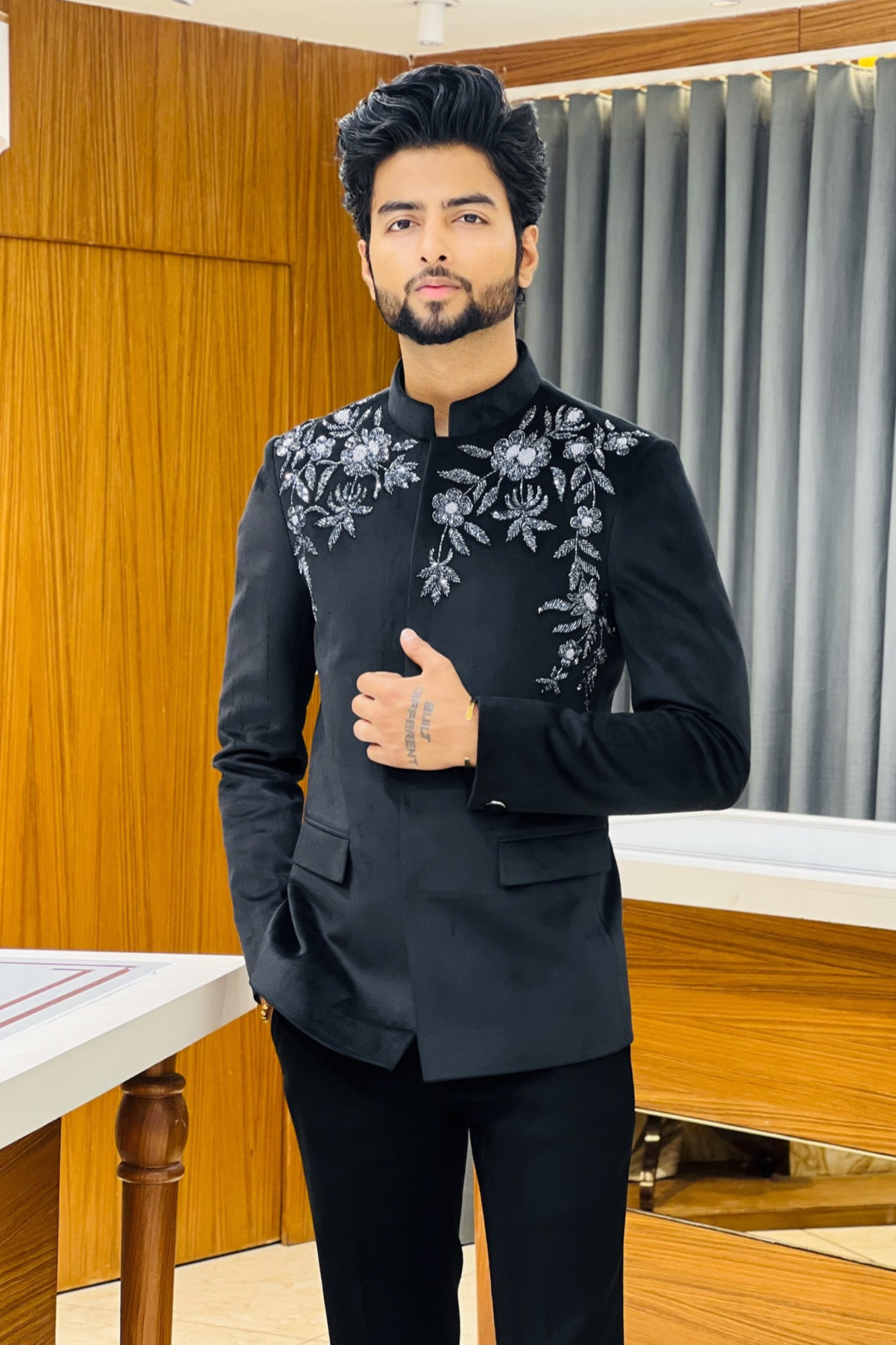 Black Velvet Silver Handwork Bandhgala Jodhpuri