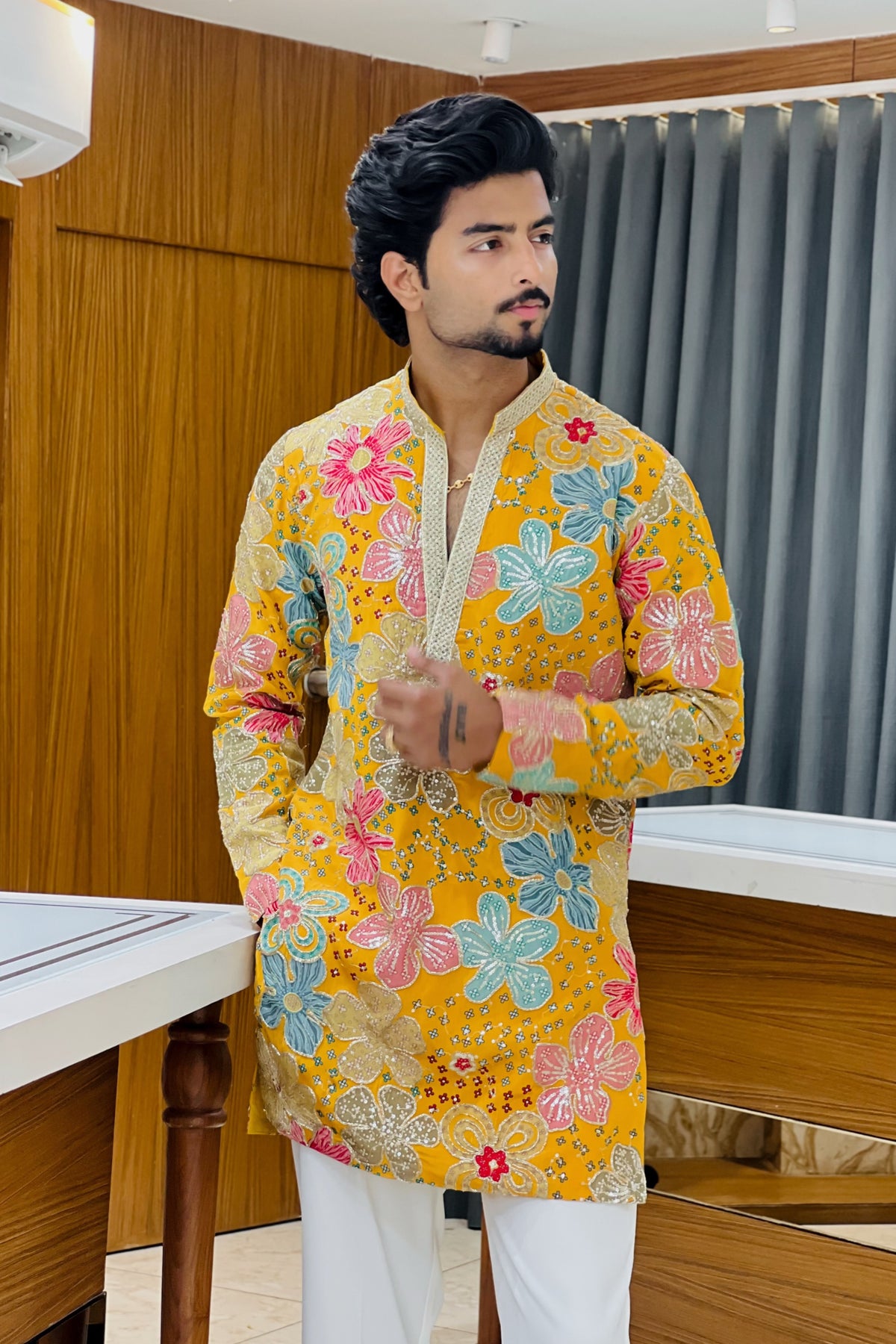 Yellow Floral Bloom Sequin Kurta Pajama