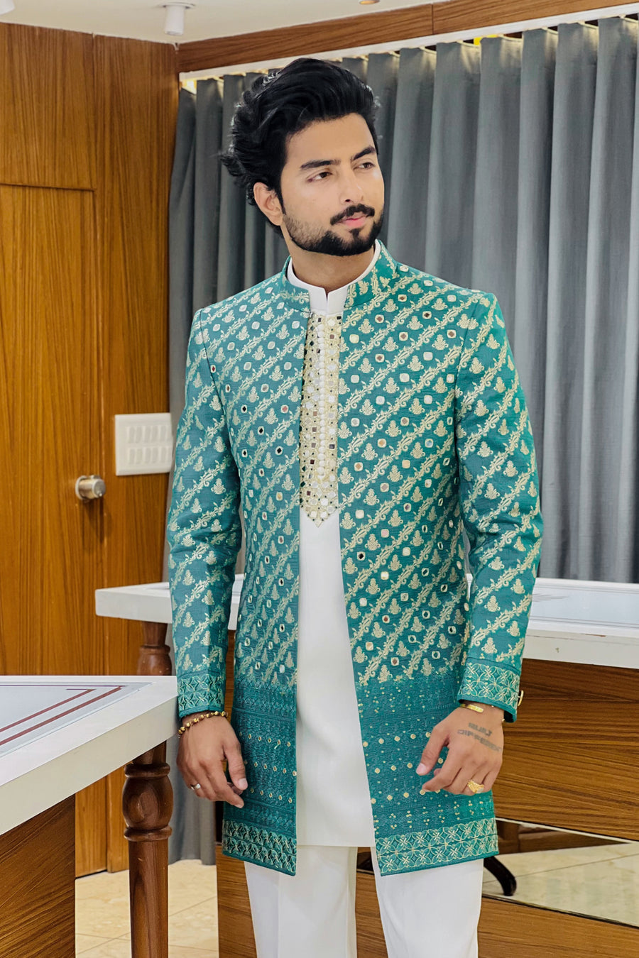 Rama Green Heritage Three Piece Indowestern Set