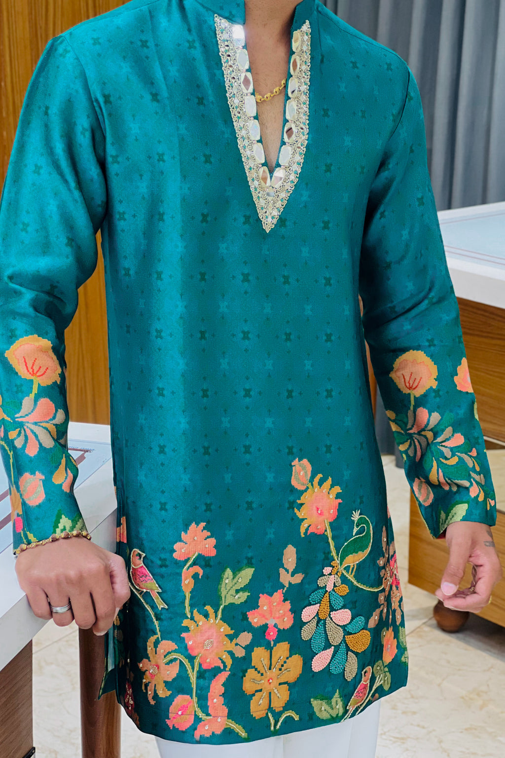 Teal Satin Silk Mirror Work Kurta Set