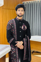 Black Peacock Handwork Indowestern with Embroidered Shawl